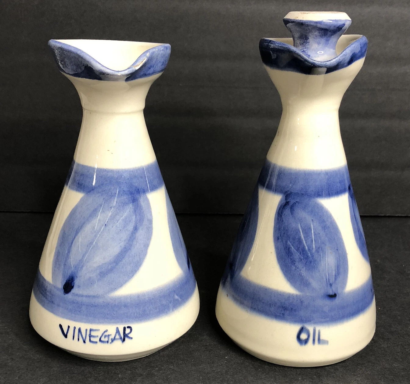 Corfu Pottery Vinegar & Oil Bottles Hand Made Blue and White Leaf Design READ