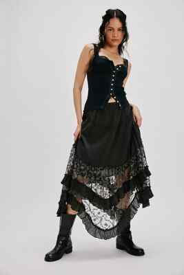 Free People Ashlyn Maxi Skirt Mid-Rise Tiered Ruffle Sheer Embroidered Black XS