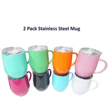 2 Pack 12 oz Handle Stainless Steel Mug Cup with Lid Double Wall Insulated