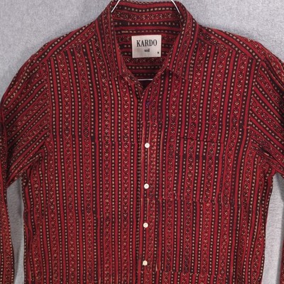 Kardo Indian Block Print Red Long Sleeve Hand Made Woven Shirt Mens Medium