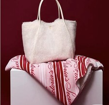 VICTORIA'S SECRET FAUX FUR TOTE BAG  COZY PLUSH BLANKET COMBO PINK RED MULTCLR