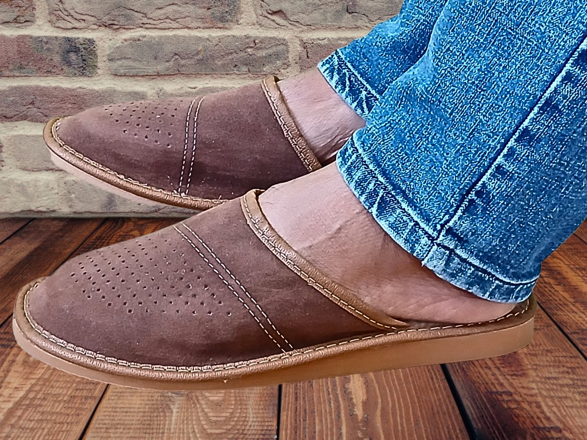 Herren Hausschuhe Leder Pantoffeln Braun Veloursleder Lammwolle Warme Gr. 40-46