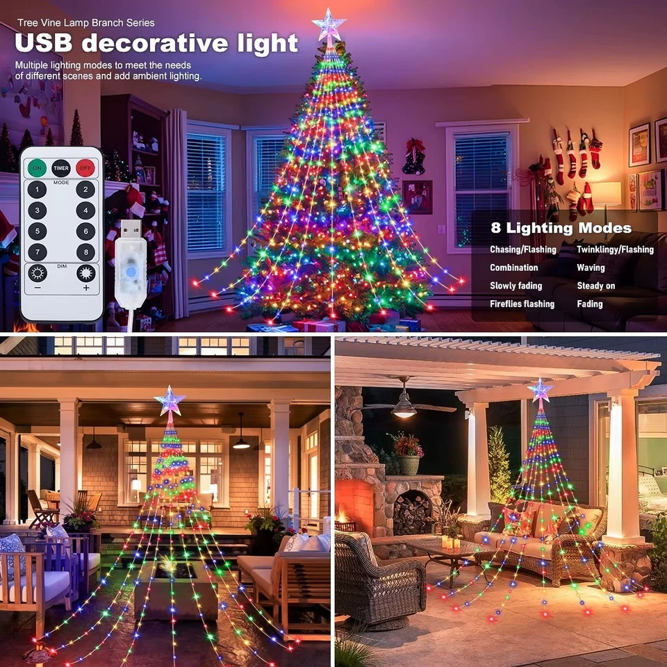 Christmas Tree Top Star Waterfall String Lights 282 LED Home Decorations - Image 3 of 4