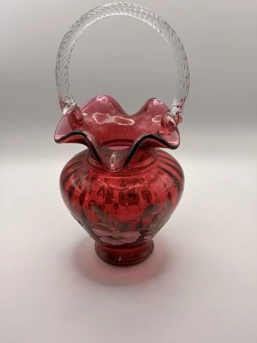 FENTON ART GLASS HAND PAINTED LEGACY COLLECTION CRANBERRY BILL FENTON 10" BASKET