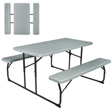 Indoor  Outdoor Folding Picnic Table Bench Set w/ Wood-like Texture Grey