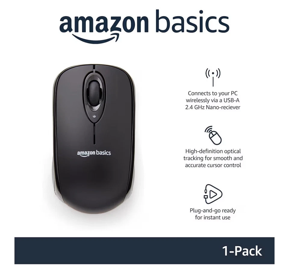 Amazon Basics Wireless Mouse, Ergonomic 2.4GHz Optimal DPI Adjustable -BRAND NEW - Image 2 of 3