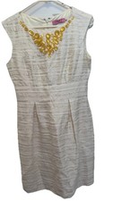 Eliza J Ivory Textured Sheath Dress Sz 6 Yellow Jewel Neck Embellished Silk Mix
