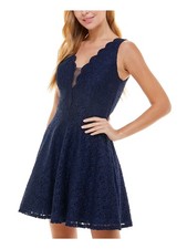 CITY STUDIO Womens Navy Lined Mesh Short Sleeve Short Dress 9
