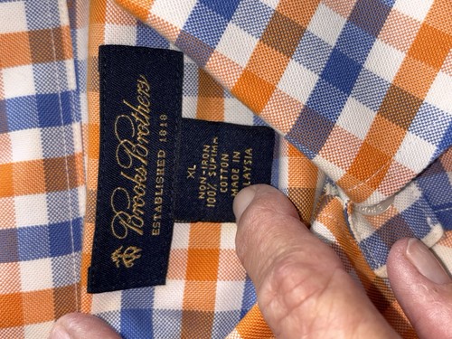 Brooks Brothers Non Iron Orange Blue Plaid Button Down Shirt Size XL - Picture 6 of 6