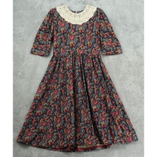 Vintage Dress Womens Medium Floral Velvet Cottagecore Crochet Collar Prairie Zip