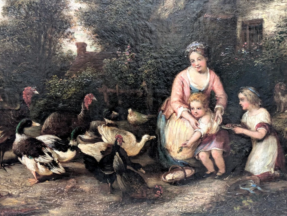 Ölgemälde ENGLAND 19. Jh UNBEKANNTER KÜNSTLER antik FRAU KINDER Vögel Landschaft - Bild 4 von 4