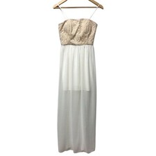 GB Dress Womens Small Empire Waist Beige Embroidered White Sheer Shorter Lining