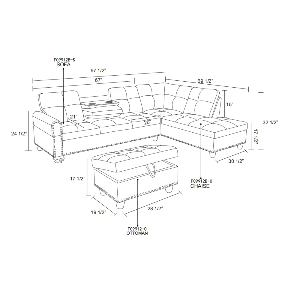 Juego de sofá seccional en forma de L de 3 piezas de 98′′ de ancho con portavasos dobles, negro Foto 4 de 4