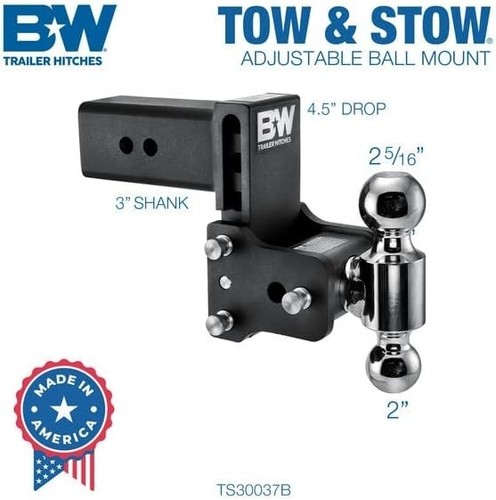 B&W Trailer Hitches Tow & Stow Adjustable Trailer Hitch Ball Mount - Fits 3" Rec - Picture 2 of 8