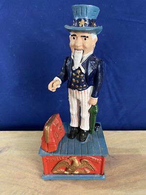 Vintage Uncle Sam Mechanical Coin Bank Cast Iron Taiwan 4th of July Patriotic
