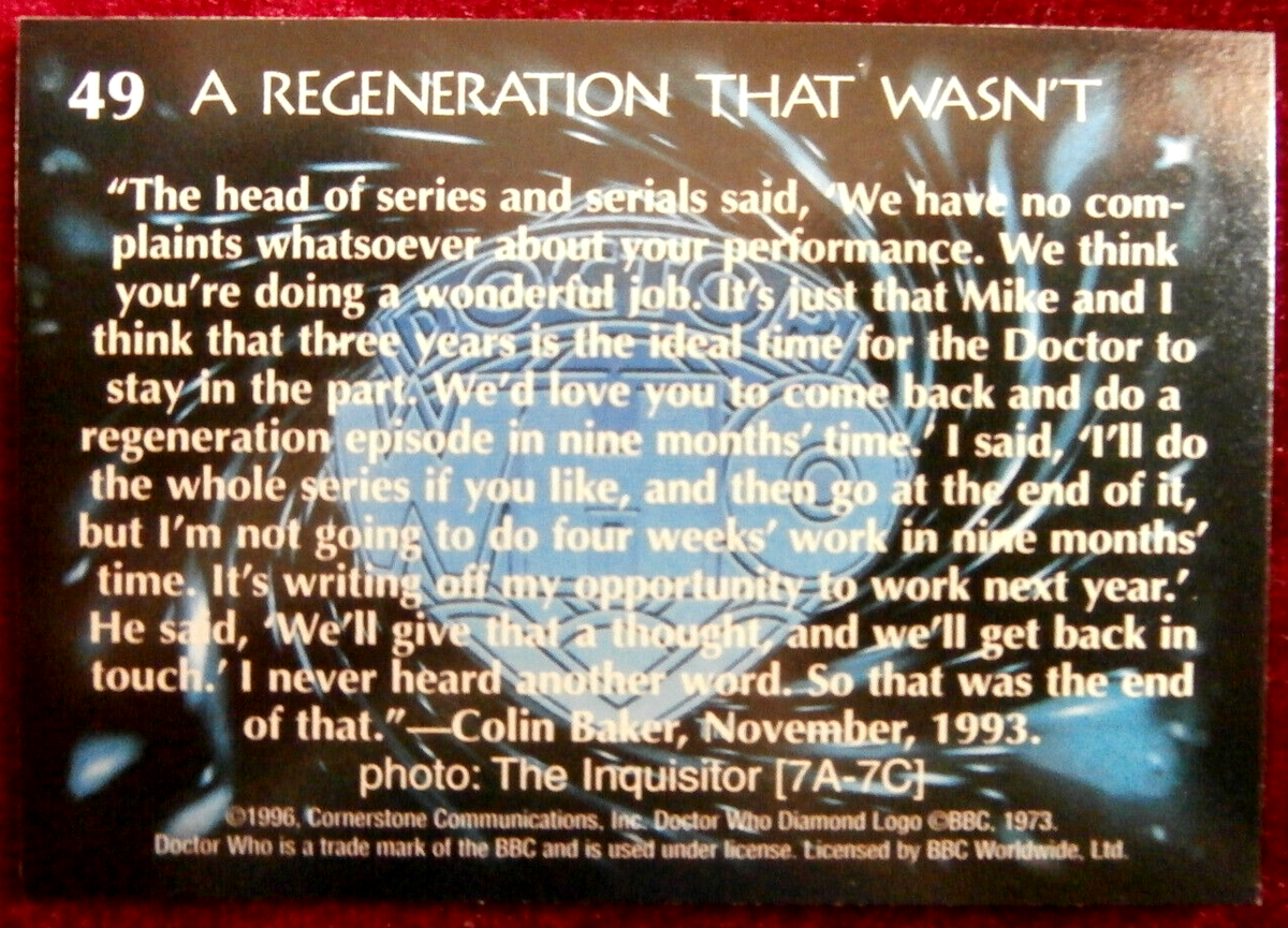DR WHO Card #49 A Regeneration That Wasn't Cornerstone Series 1996