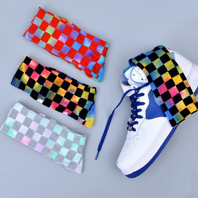 2 Pairs Tie Dye Checkerboard Crew Socks Colorful Streetwear Unisex Plaid Pattern - Image 2 of 4