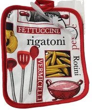 Set of 2 Printed Jumbo Pot Holders,7"x8", FOOD & UTENSILS red with red back, BH