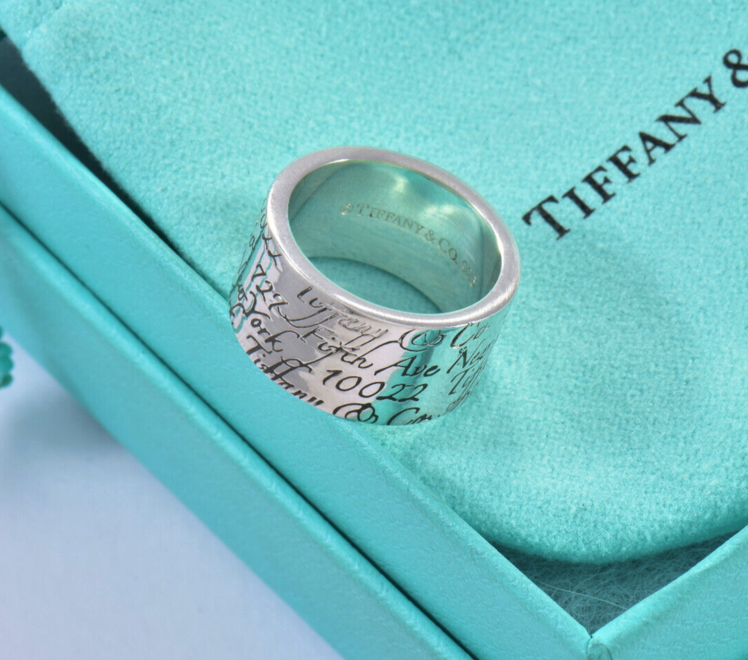 Size 8 Tiffany & Co Silver Address Notes Script Wide Ring in Box