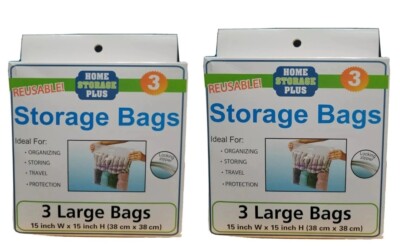 6 LARGE PLASTIC CLEAR STORAGE BAGS HEAVY DUTY REUSABLE ZIP LOCK  15'' W X 15'' H 