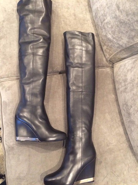 black leather wedge heel boots