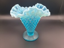 Fenton Aqua Blue Opalescent Hobnail Ruffled Vase