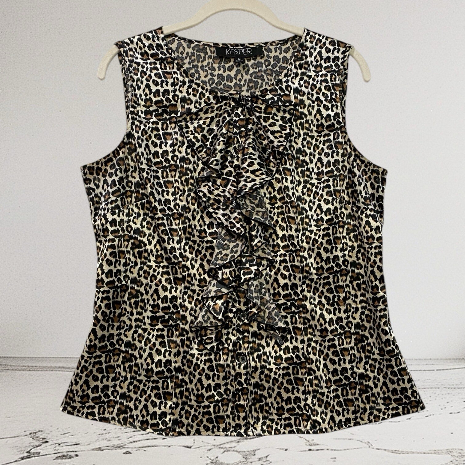 Kasper Satin Animal Print Ruffle Front Top Women’s Medium Holiday Party Career