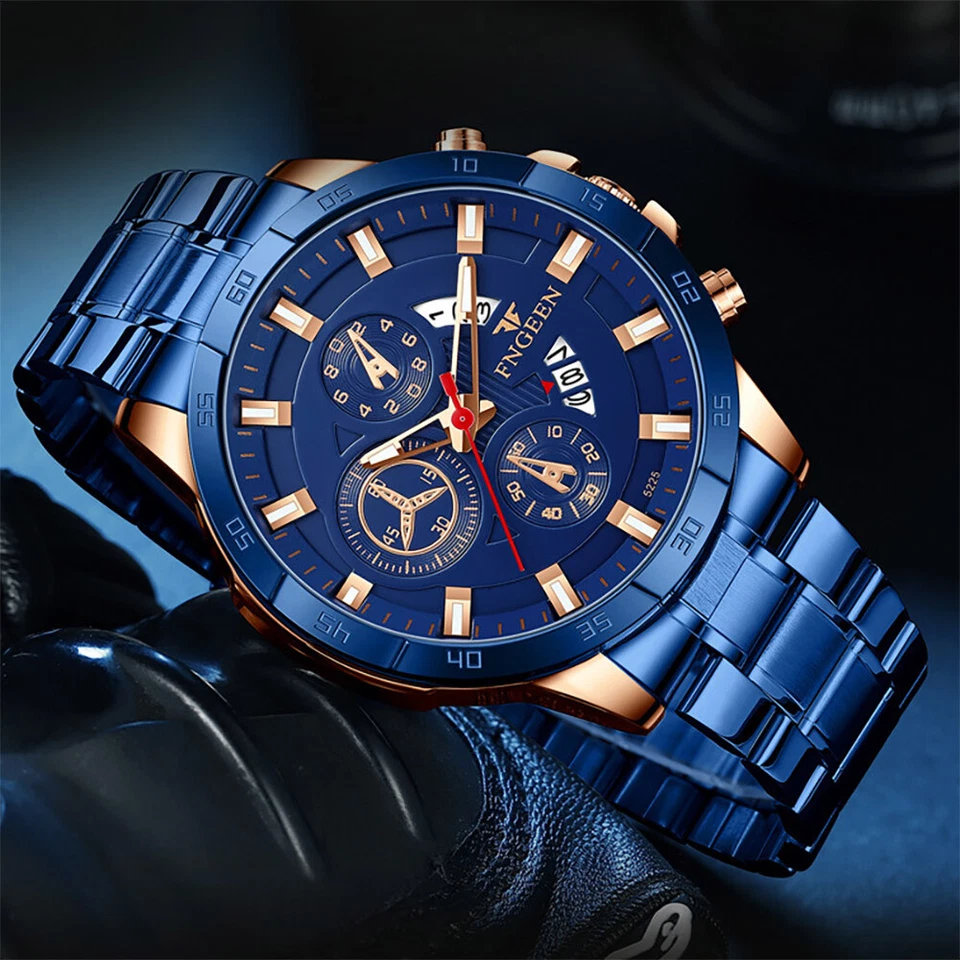 FNGEEN Fashion Luxury Stainless Steel Mens Waterproof Date Quartz Wrist Watches - Image 2 of 3