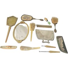 Antique Celluloid Manicure Set With Brass Filigree Lace Back Vanity Set W/ Trays