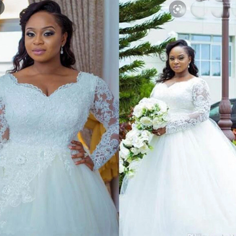 Большой размер длинные рукава свадебные платья V шеи кружева аппликации Африки свадебное платье - Изображение 2 из 4