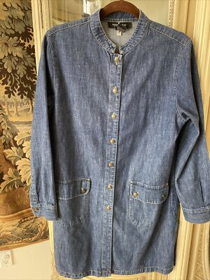 Donna Gray Studio denim dress SZ 12 100% cotton mock neck metal buttons  Pockets | eBay