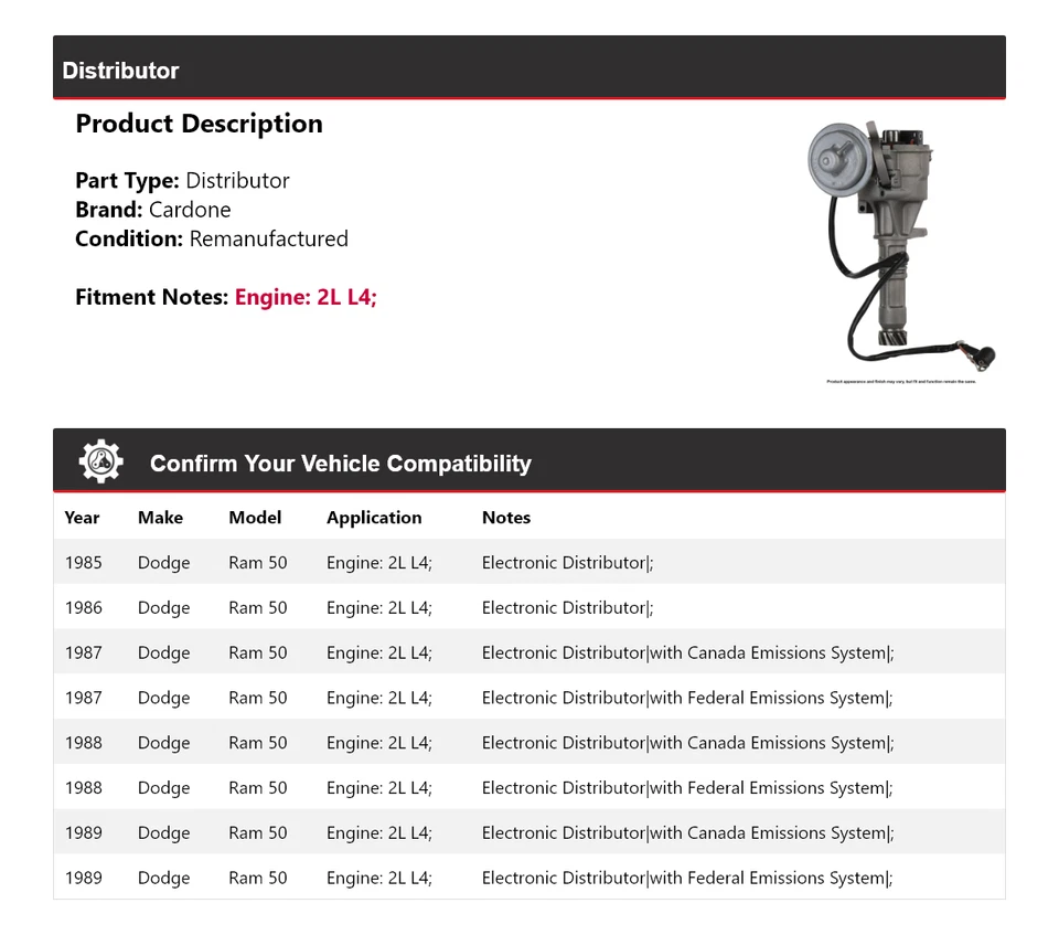 Para Dodge Ram 50 1985-1989 2L L4 Distribuidor Cardone 1986 1987 1988 Foto 2 de 4