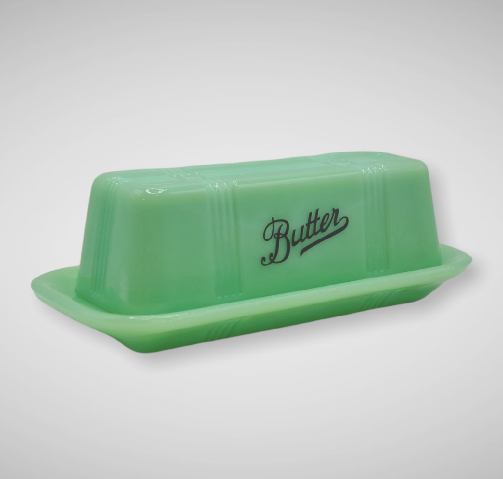 JADEITE GREEN DEPRESSION STYLE GLASS BUTTER DISH w/ LID, Vintage