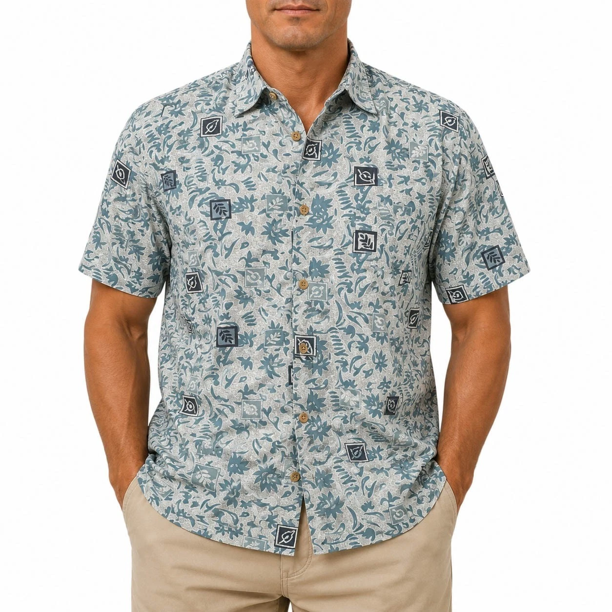 Ocean Pacific OP Mens Large Blue Grey Botanical Floral Cotton Hawaiian Shirt L
