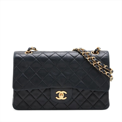 Chanel Matelasse 25 Lambskin Double Flap Double Chain Bag Black Gold Metal Fitti