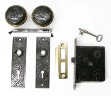 Antique Door Set Victorian / Eastlake Backplate Knob Mortise Lock Key Reclaimed