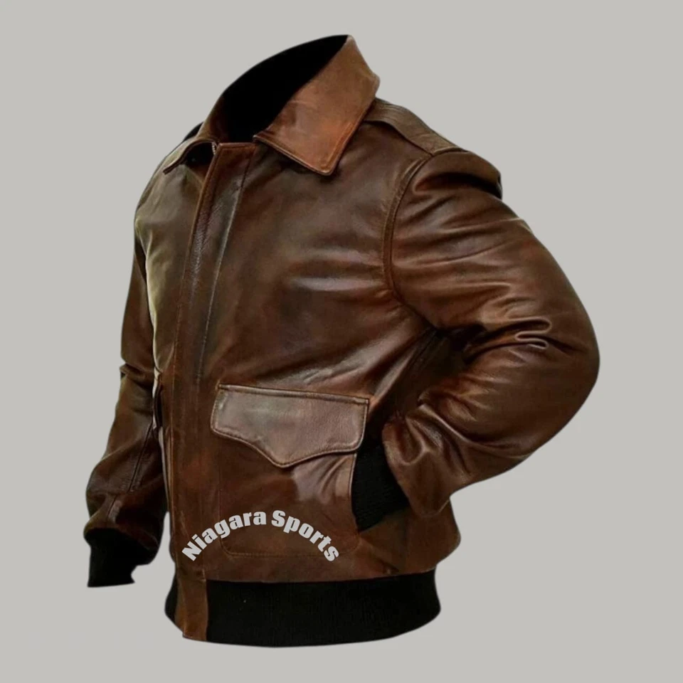 Nueva chaqueta de cuero genuino marrón envejecido chocolate bombardero de vuelo para hombre Foto 4 de 4
