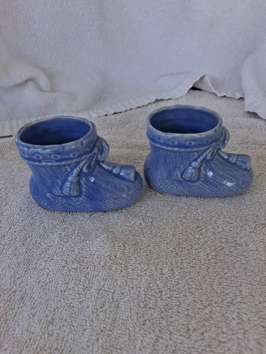 Vintage MCM  Blue Baby Shoes Ceramic Planters Pair