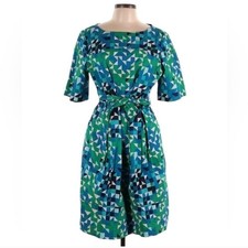 Tory Burch Green Dress Geometric Sheath Belt Pockets Sleeves Size 10