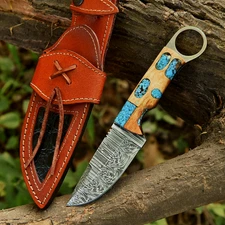 Damascus Steel Blade Hunting Handmade Knife Hybrid Wood Finger Hole & Sheath