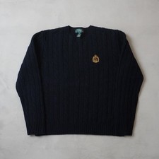 Lauren Ralph Lauren Cable Knit Sweater XL Mens Navy Blue Lambswool Crest Logo
