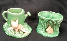 Vintage Sylvac Green Pottery Watering Can Pot with Cream Pixie & 1 with Rabbit