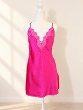 Victoria  s Secret Hot Pink Satin Lace Slip Dress Nightgown Y2K Coquette