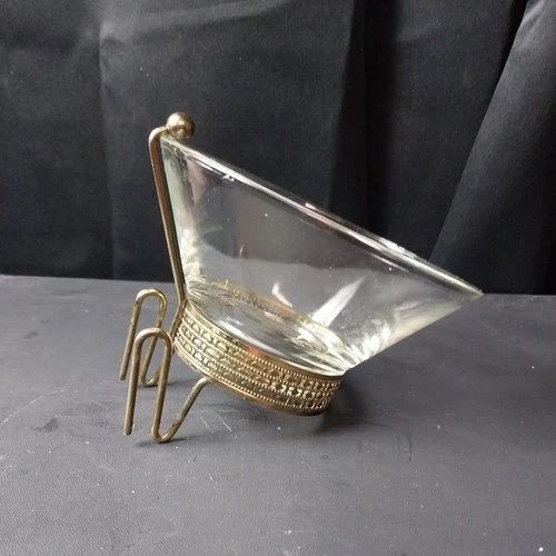 Vintage MCM Anchor hocking clear glass dip bowl w/ brass colored bracket
