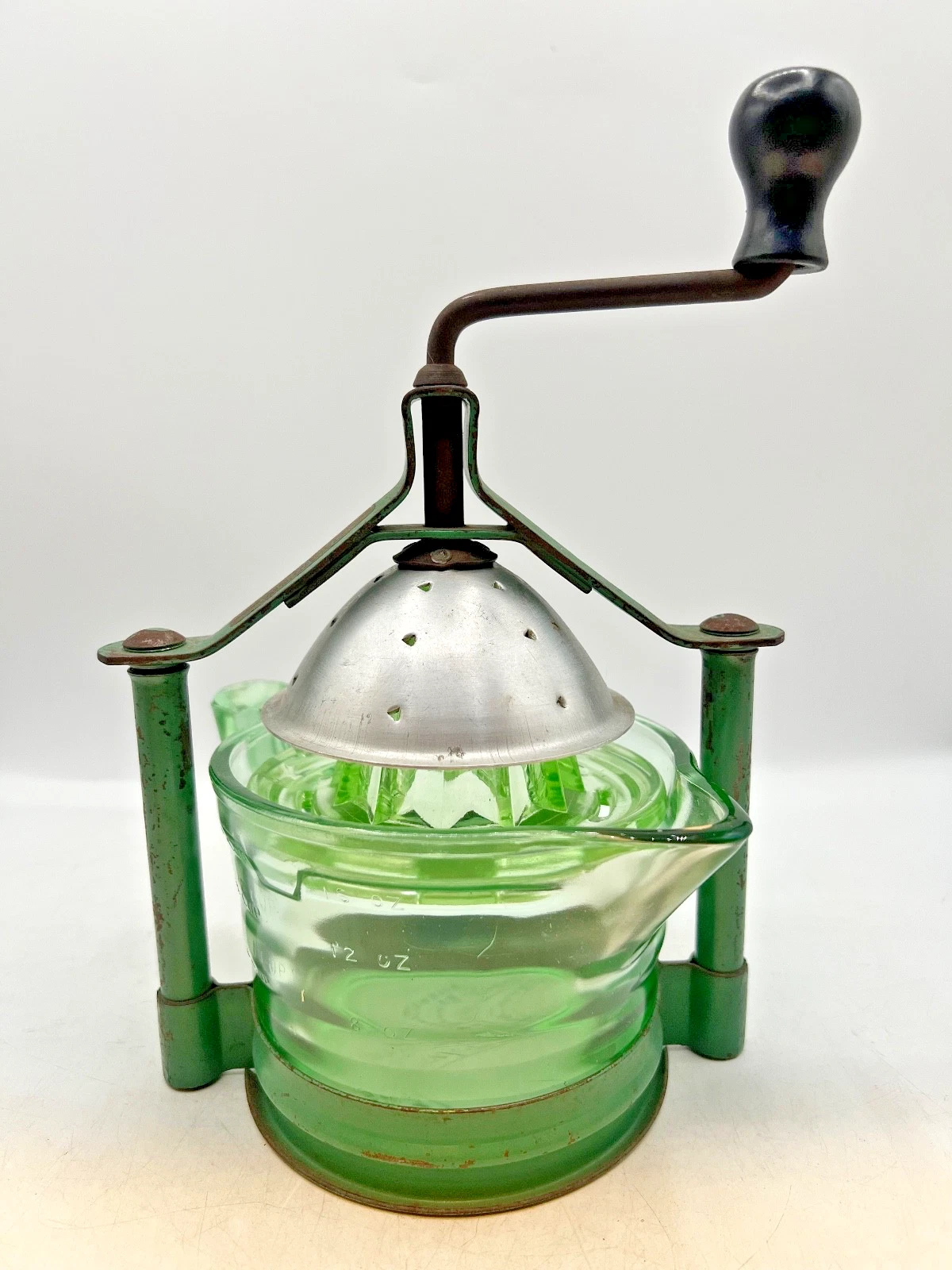 Vintage Handy Andy Vaseline glass Citrus juicer with metal crank