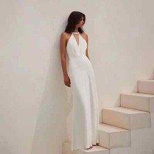 Simple White Ivory Wedding Dress Halter Neck Sleeveless Satin Beach Bridal Gowns