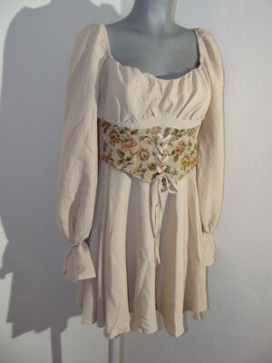 Romatic Corset Dress Beige Floral Lace Up Corset Size L