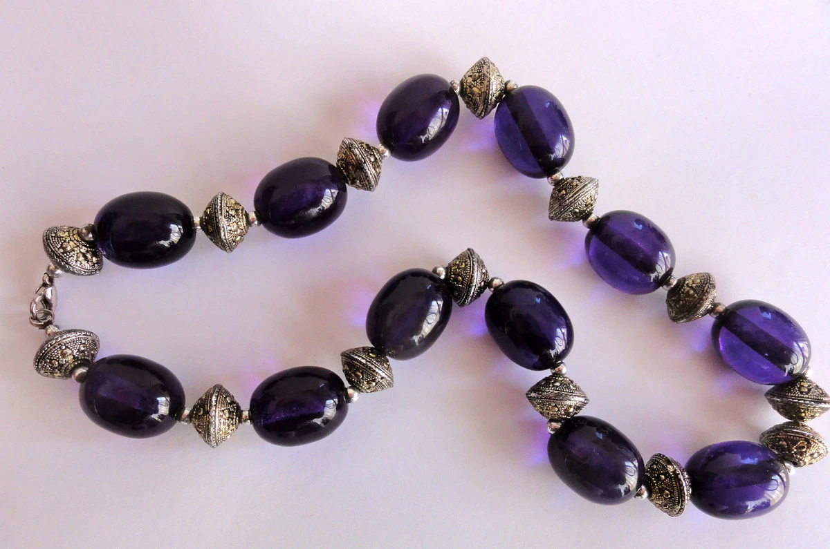 Collier De Perles Ancien En Cristal Plaqué Or - Tons Violet - Occasion En Bel état