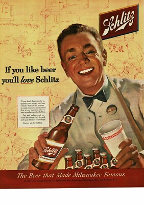 1954 SCHLITZ vendor selling you a beer at baseball game art VINTAGE PRINT AD