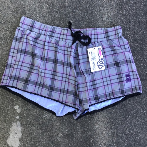 NWT PSYCHO BUNNY Women Sz Small Plaid Logo Sleep Lounge Shorts Gray Drawstring - 第 6/6 張圖片